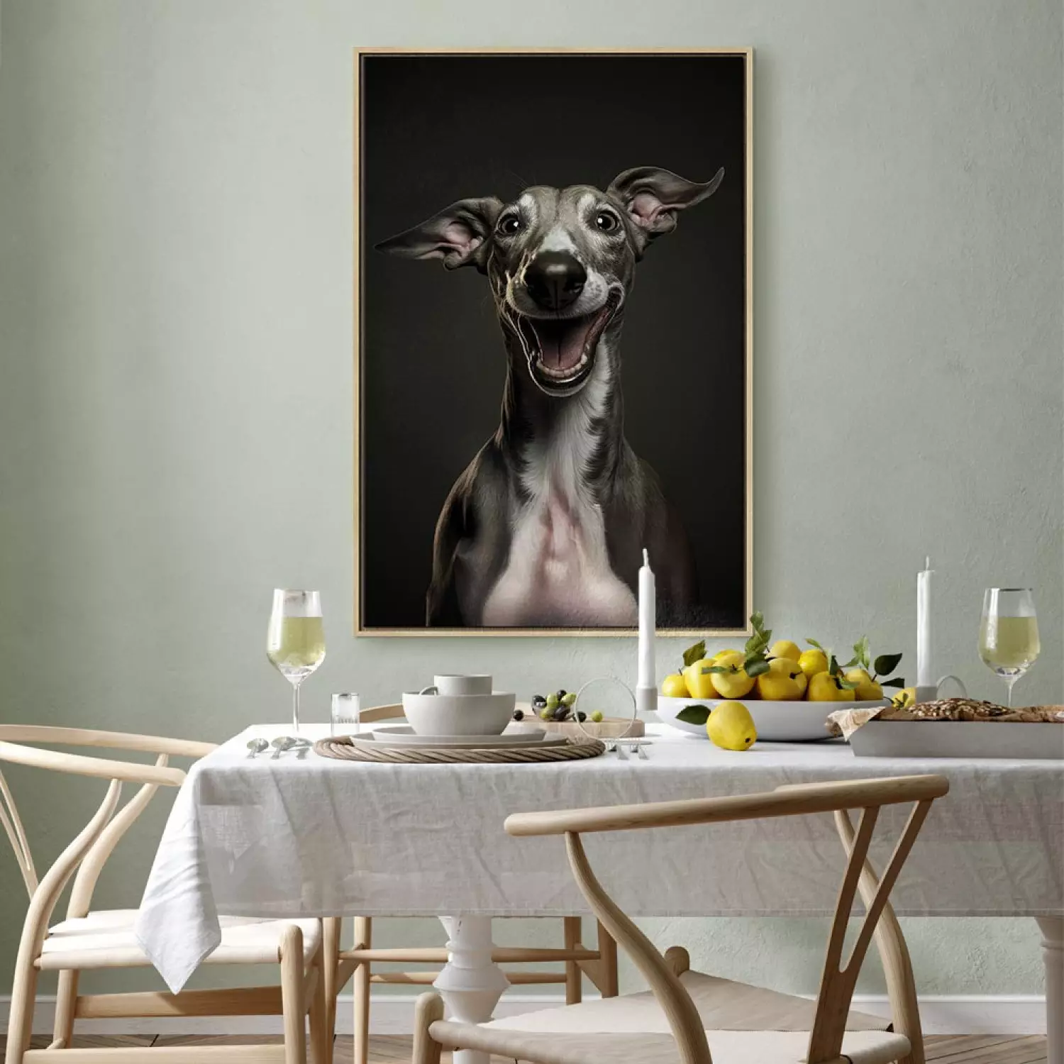 Canvas Print AI Greyhound Dog Portrait of a Wide Smiling Animal