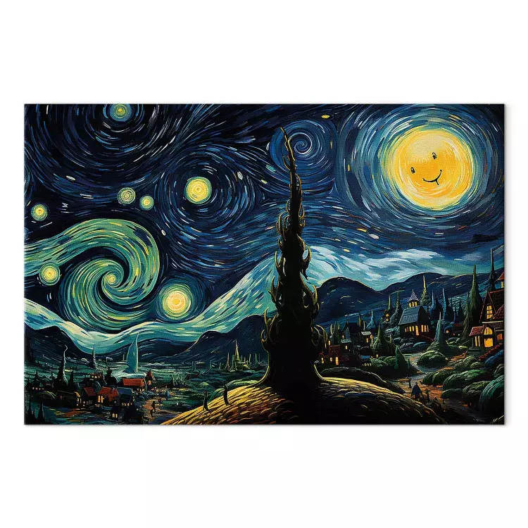 Starry Night - A Landscape in the Style of Van Gogh With a Smiling Moon