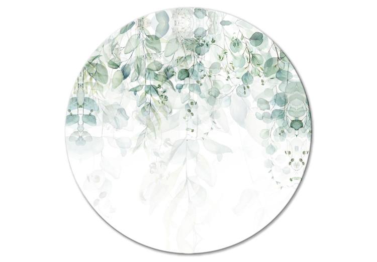 Round Canvas Print Cascade of Greenery - Delicate Twigs Full of Leaves on a White Background