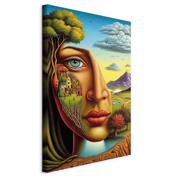Abstract Portrait - A Face Against the Background of Mountains and a Small Town