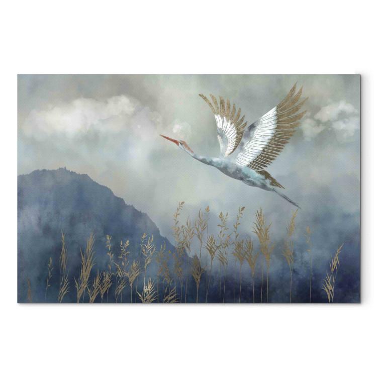 Large Canvas Print A Heron in Flight - A Bird Flying Against the Background of Dark Blue Mountains Covered With Fog [Large Format]