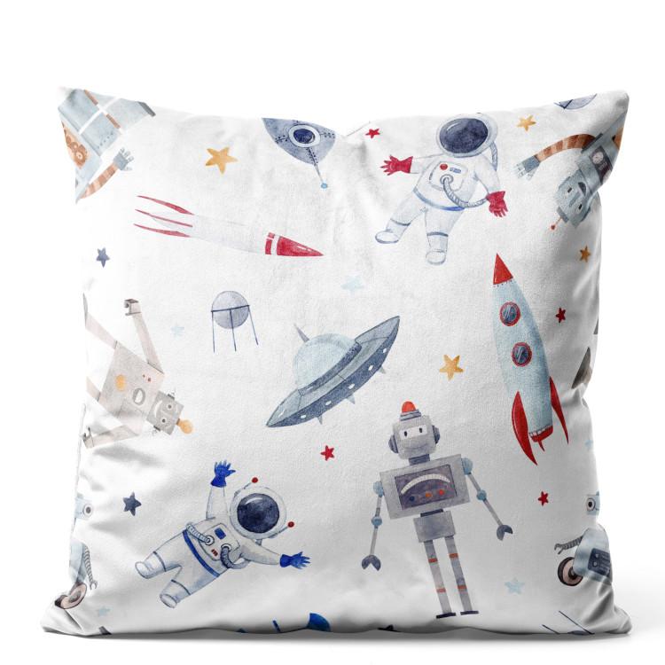 Velor Pillow Space Toys - Rockets and Astronauts Among the Stars on a White Background