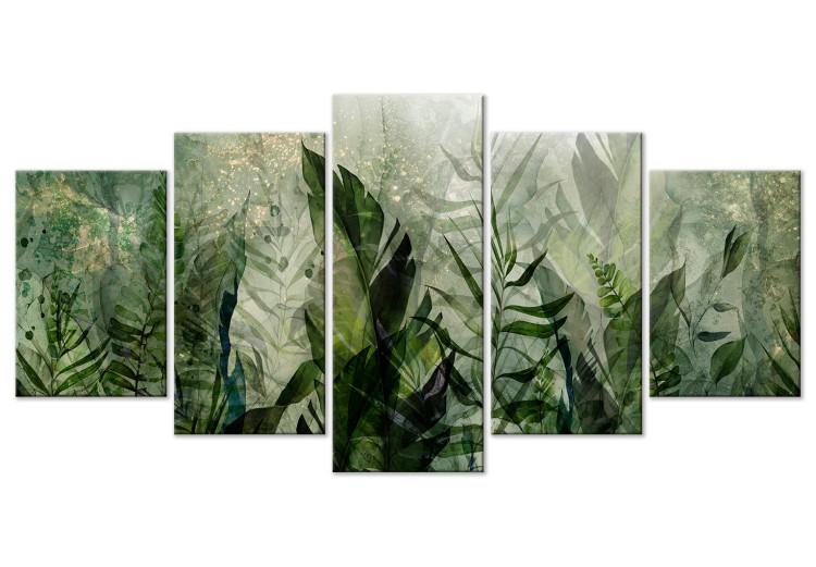 Canvas Print Tropical Leaves - Plants in Dew Against a Background of Greenery in the Mist