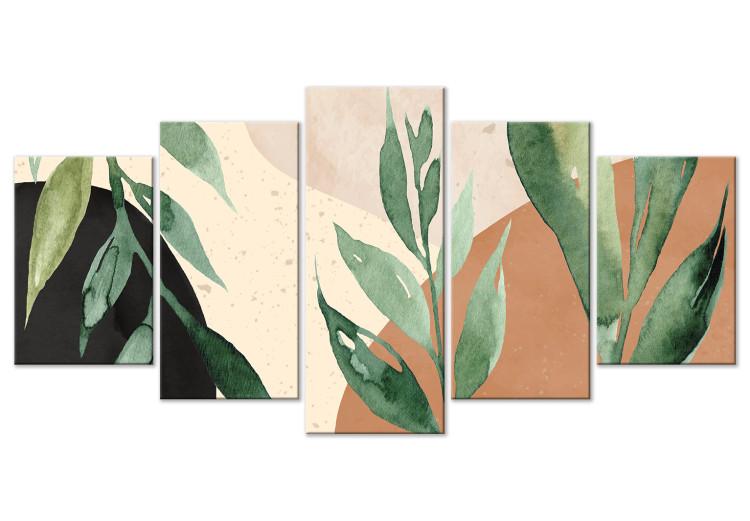Canvas Print Large Leaves - Plants on an Abstract Background in Shades of Beige and Brown