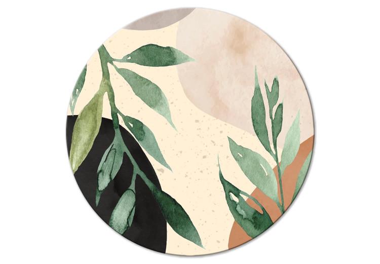 Round Canvas Print Plant Abstraction - Large Leaves in Pastel Browns and Greens