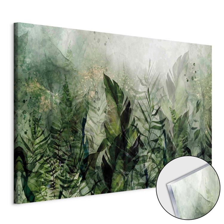 Acrylic Print In the Morning Dew - A Landscape of Leaves on a Green Shimmering Background [Glass]