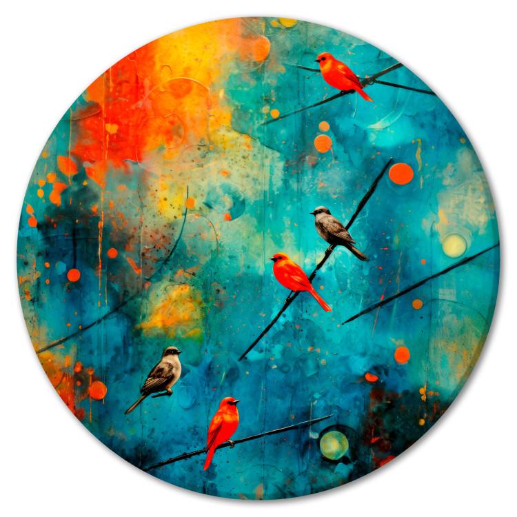 Round Canvas Print Bird Gathering - Colorful Birds on a Multicolored Abstract Background
