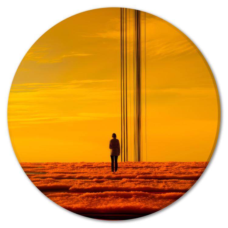 Round Canvas Print Solitude in the Clouds - A Woman Against a Background of Intense Yellow Sky