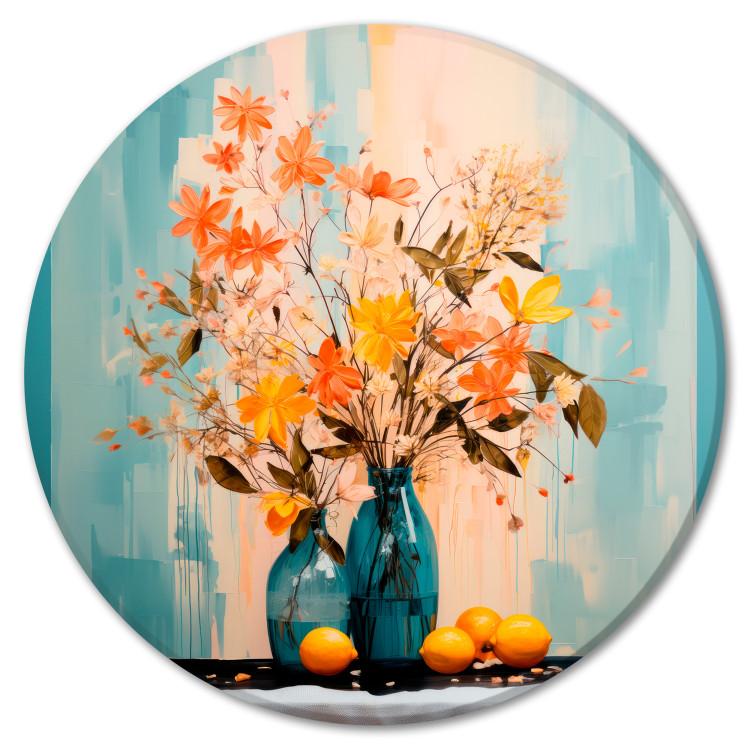 Round Canvas Print Not Necessarily a Still Life - Flowers and Lemons on an Abstract Background