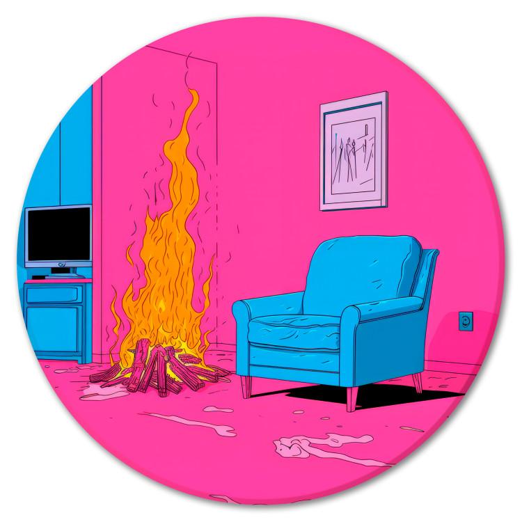 Round Canvas Print Home Fireplace - Hearth and Blue Armchair Against a Pink Wall