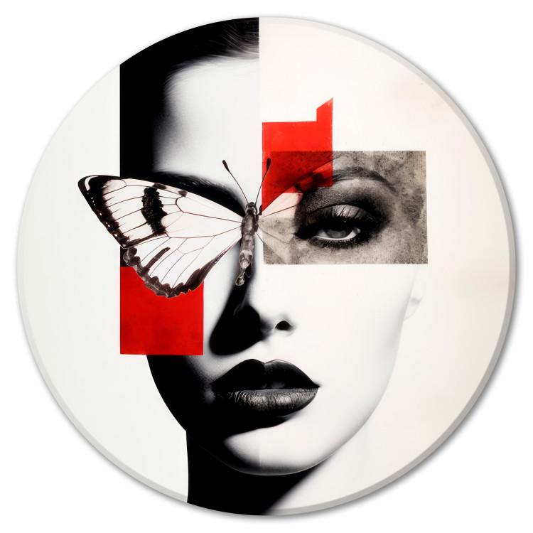 Round Canvas Print Queens of the Night - Black and White Portrait of a Woman With a Moth With Red Accents