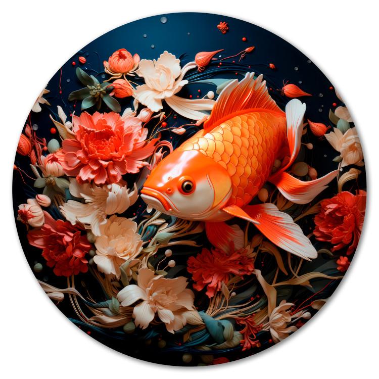 Round Canvas Print I Will Grant Your Three Wishes - Goldfish Against a Background of Flowers in the Water