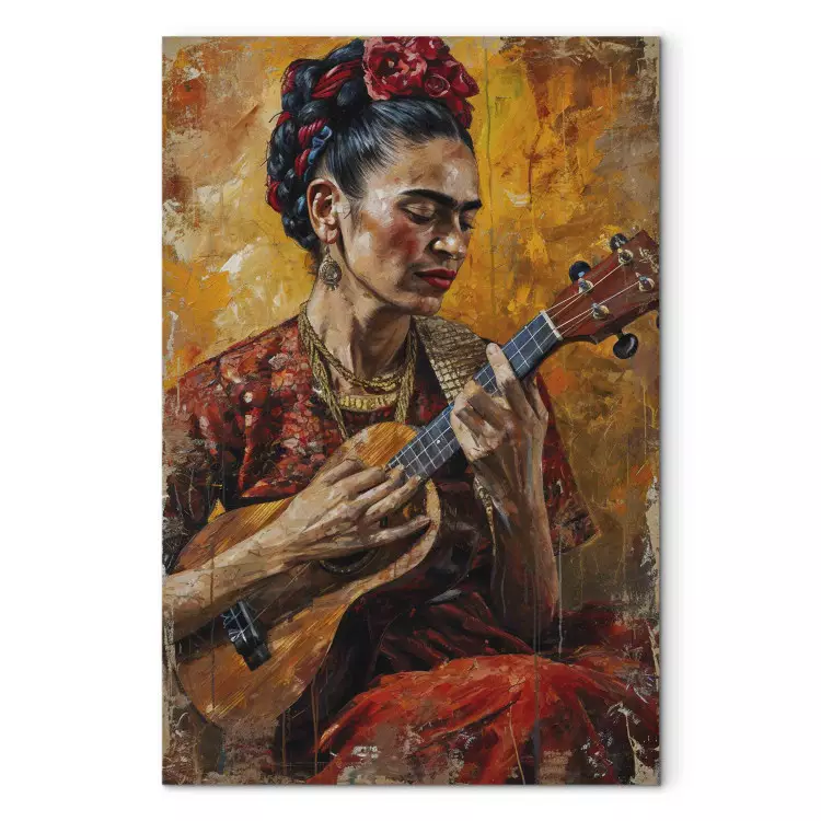Frida Kahlo - woman playing the ukulele on a brown background