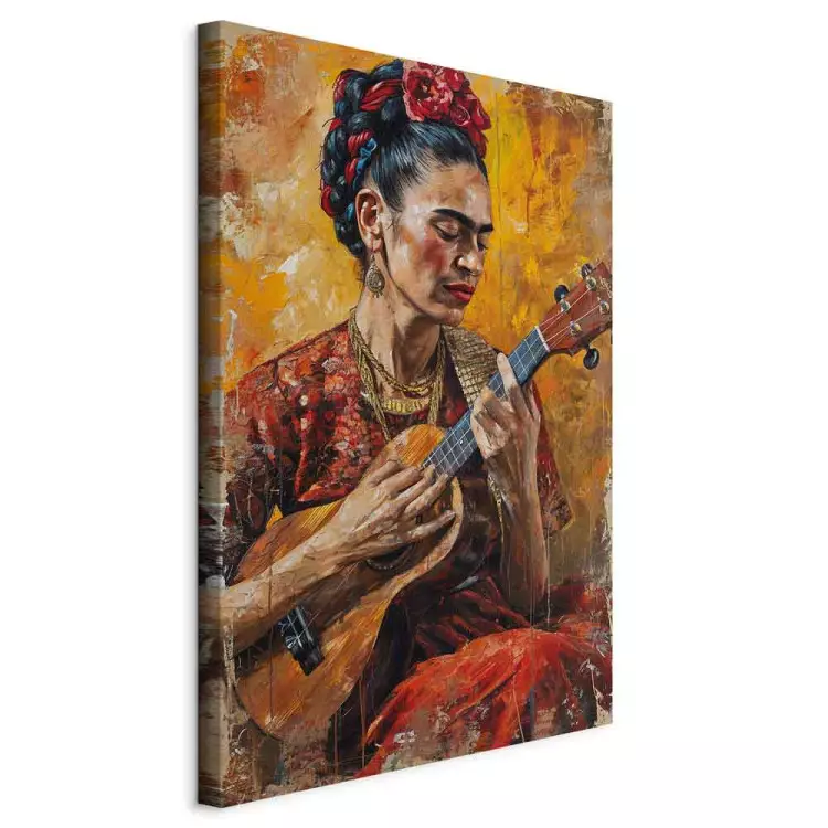 Frida Kahlo - woman playing the ukulele on a brown background