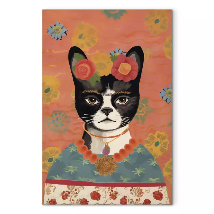 Animal portrait - cat with flowers inspired by Frida's image