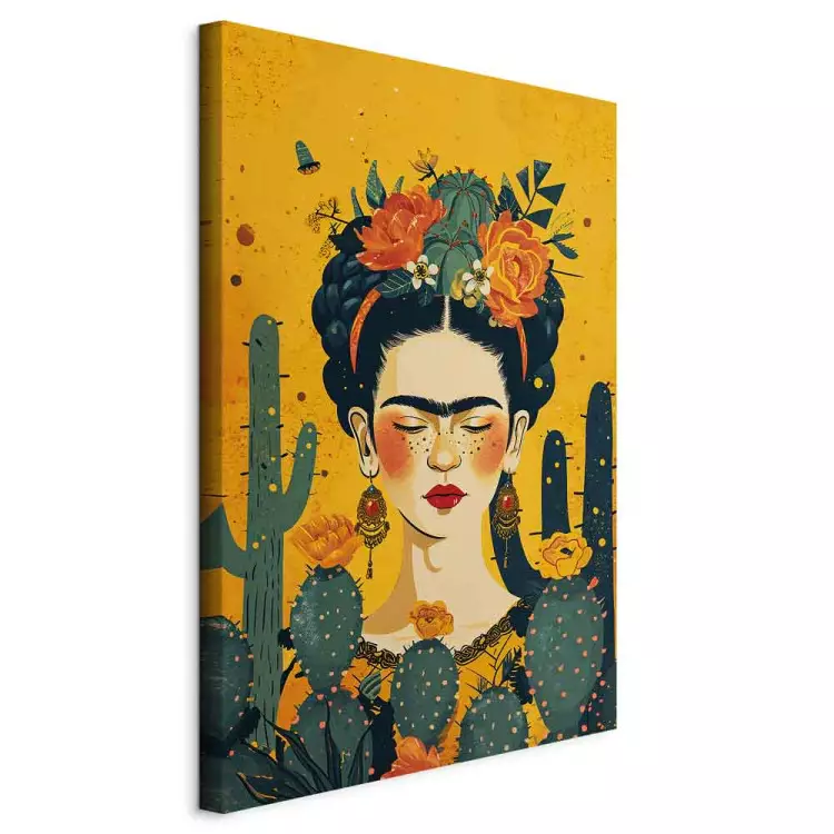 Frida with cactus - portrait of the painter on an orange background