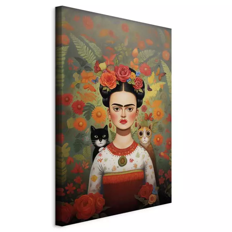 Cartoon Frida - colourful portrait of the artist with two cats