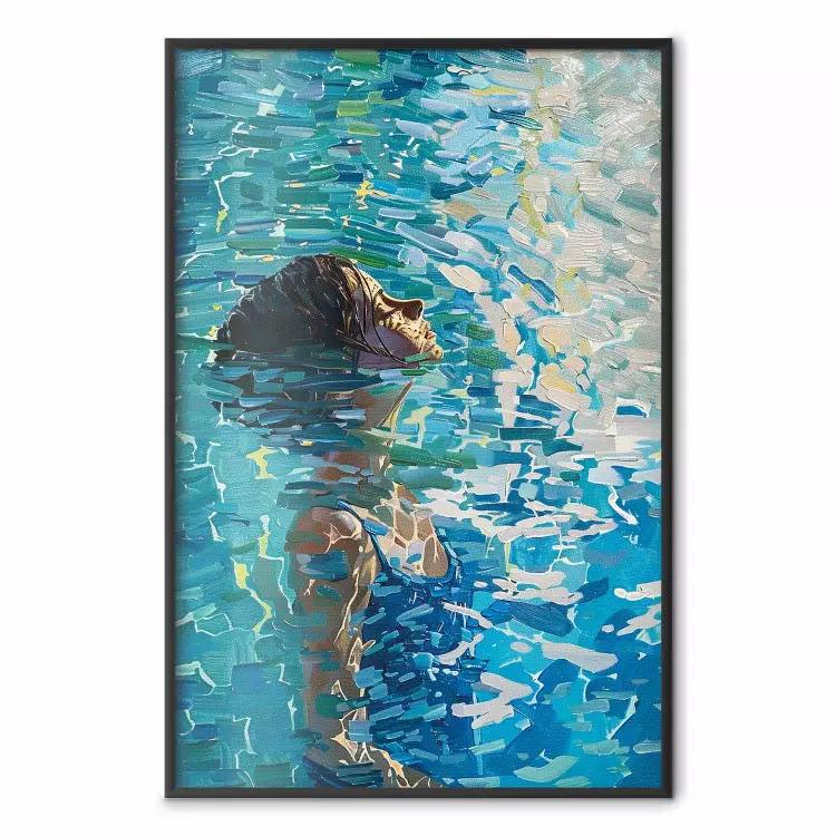 Blue meditation - woman in the water surrounded by luminous reflections