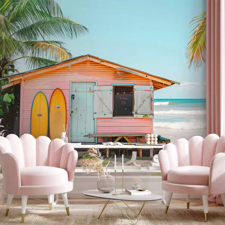 Surf Shack - pastel-coloured bungalow, surfboards and palm trees