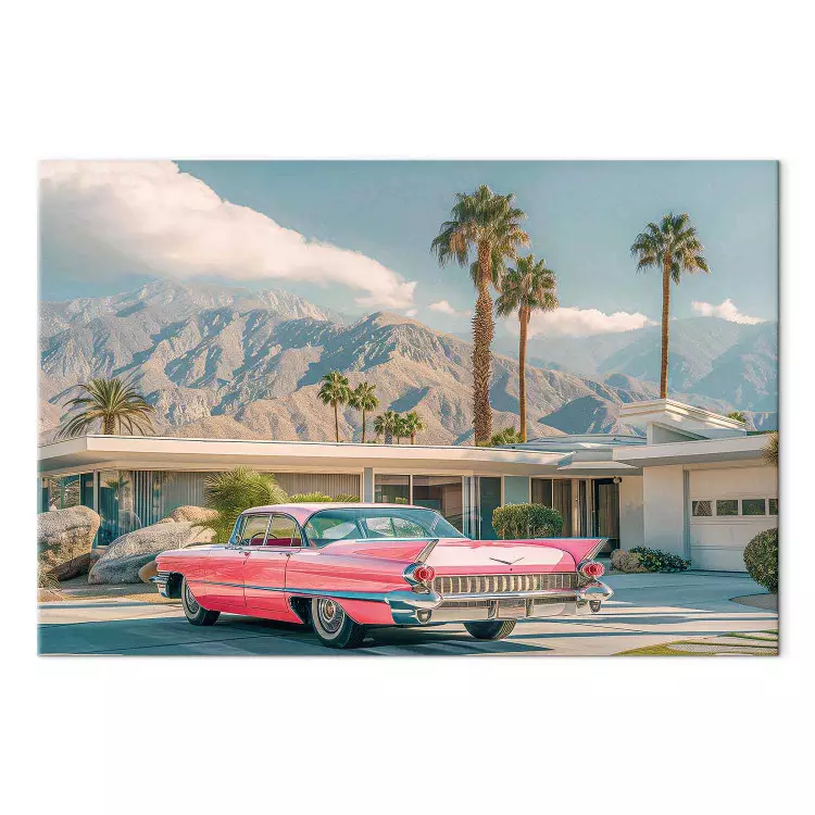 Retro Cadillac - classic car, mountains and palm trees in the background