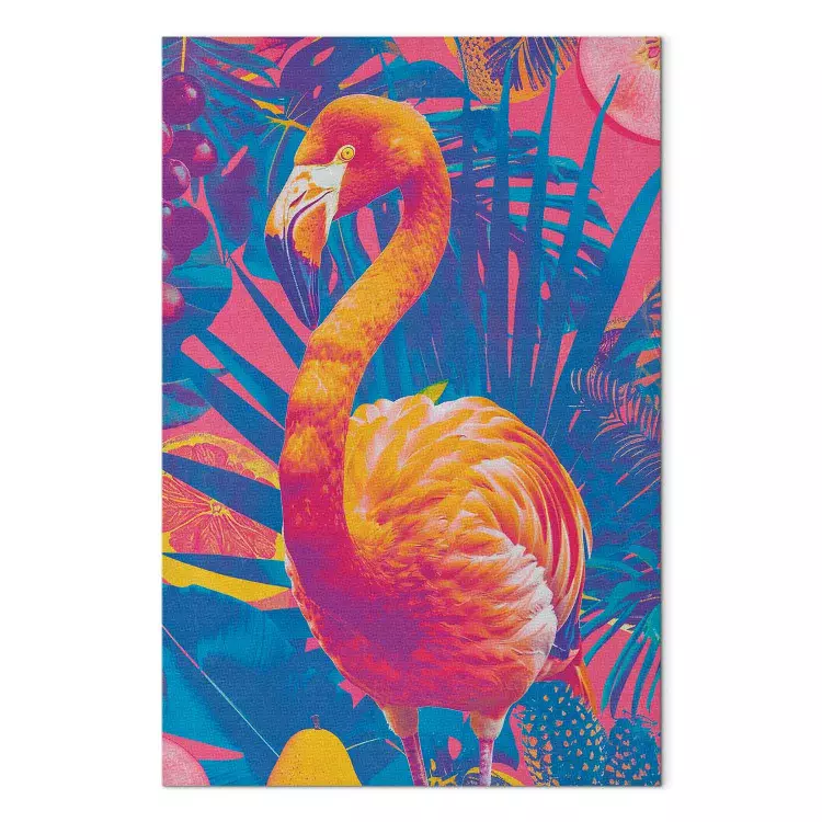 Colorful Flamingo - Exotic Bird Among Tropical Leaves and Juicy Fruits