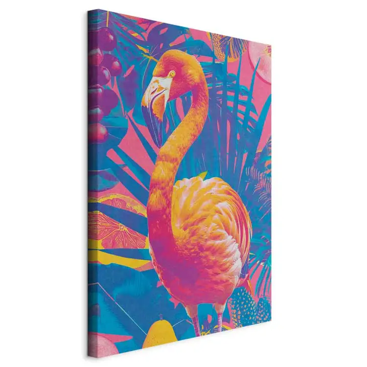 Colorful Flamingo - Exotic Bird Among Tropical Leaves and Juicy Fruits