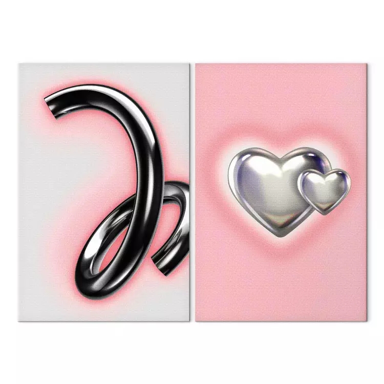 Dynamic Chrome - Abstract Forms and Metallic Hearts on Pastel Background