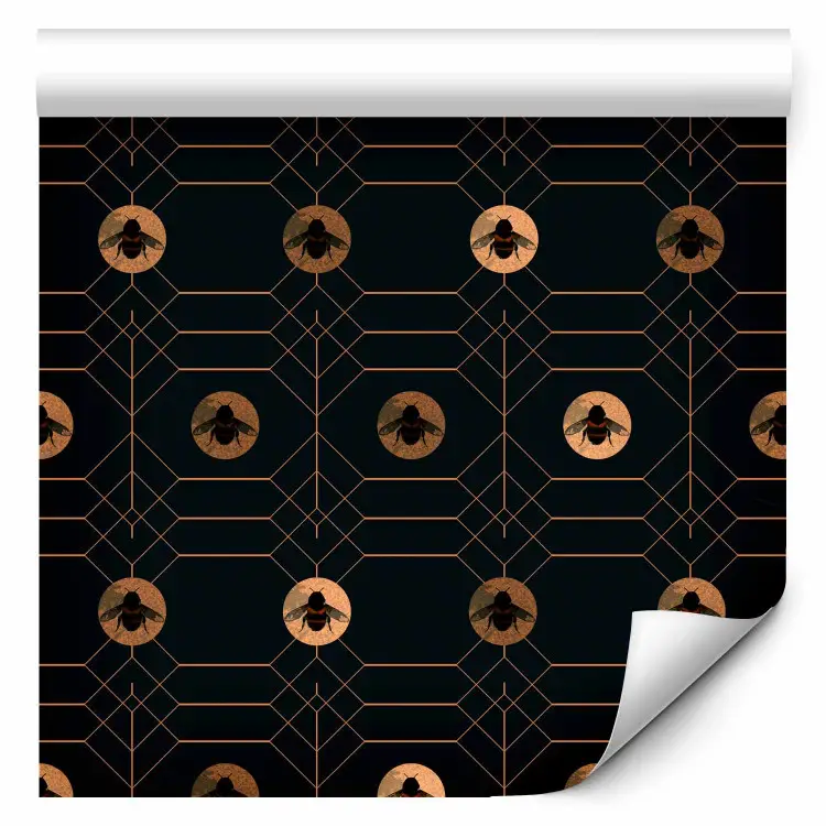Dark Hexagons - Golden Bees on Black Background with Geometric Pattern
