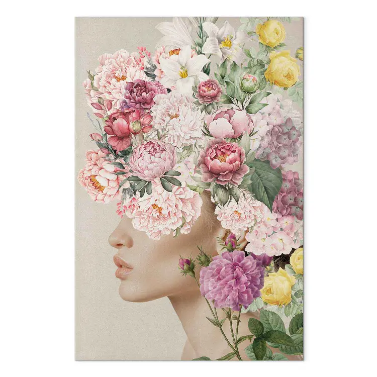 In a Floral Crown - Subtle Profile of a Woman Surrounded by Roses and Lilies
