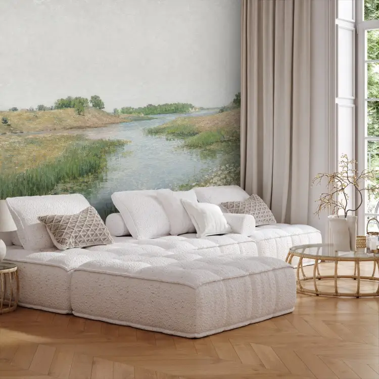 A quiet river - an idyllic meadow with blooming white details