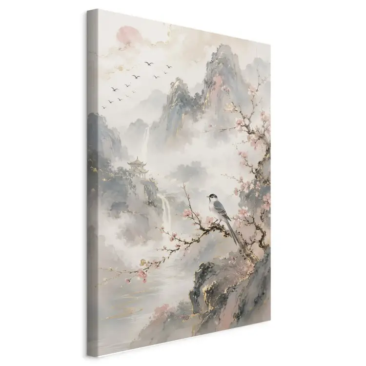 Asian landscape - bird on a cherry branch, misty mountains