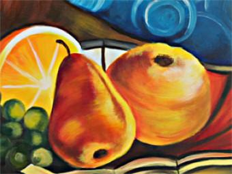 Canvas Nature with Fruits (1-piece) - pears and wine on a blue background