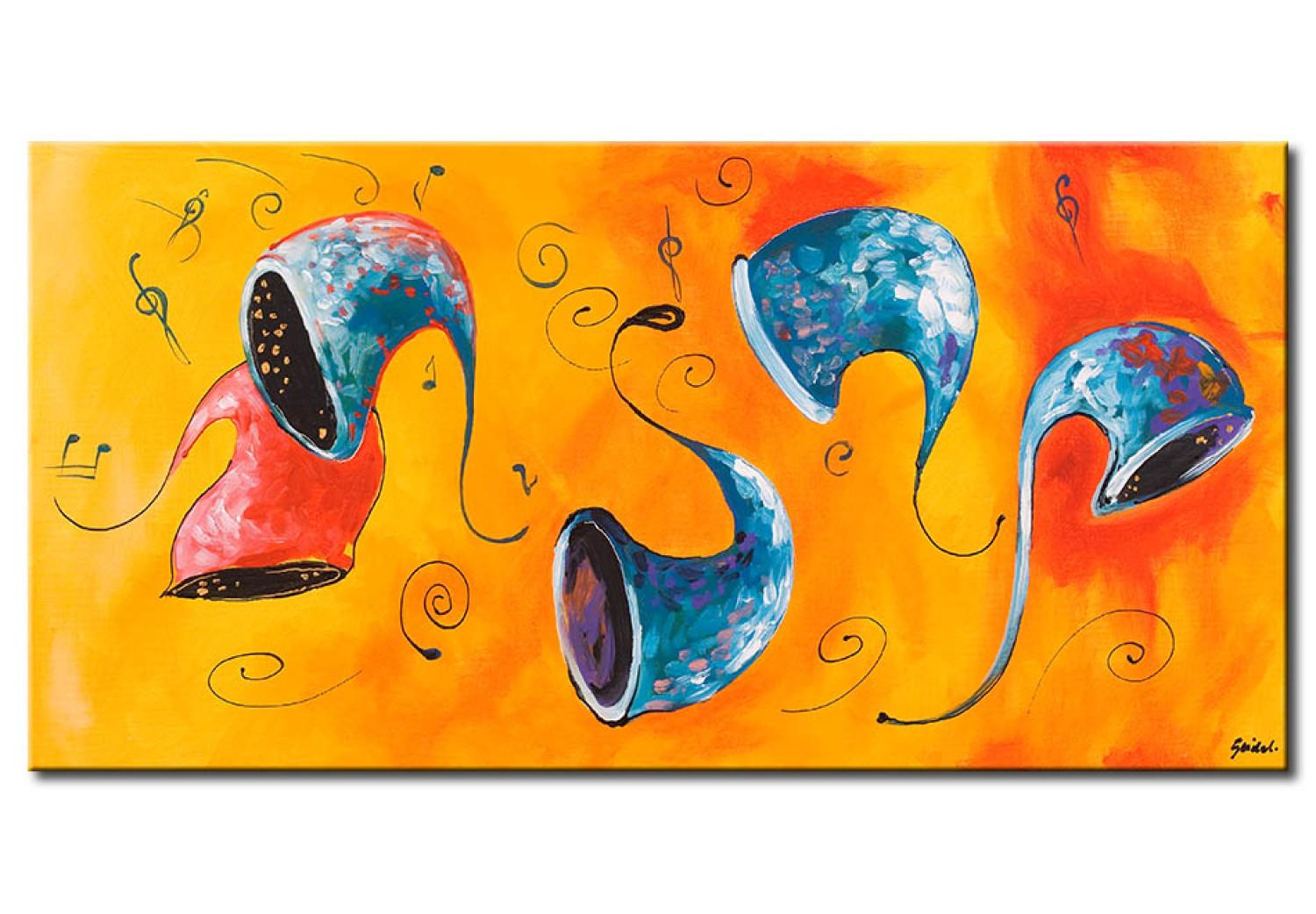 Canvas Trumpets (1-piece) - abstraction with trumpets and notes on a vibrant background