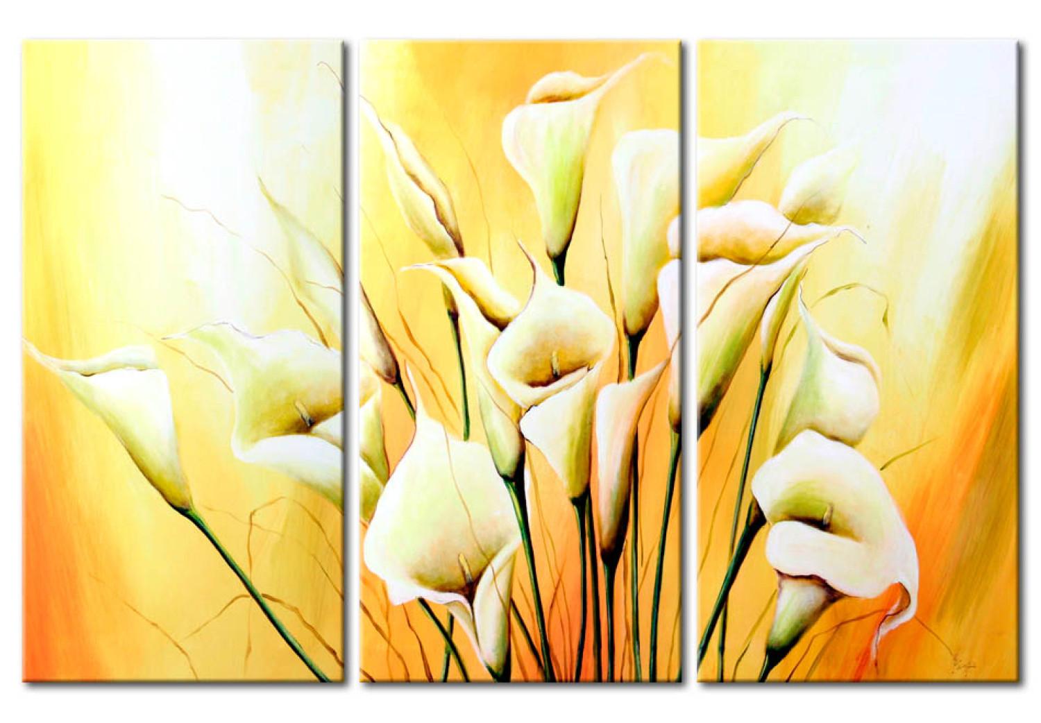 Canvas Classic Beauty (3-piece) - bouquet of light calla flowers on a yellowish background