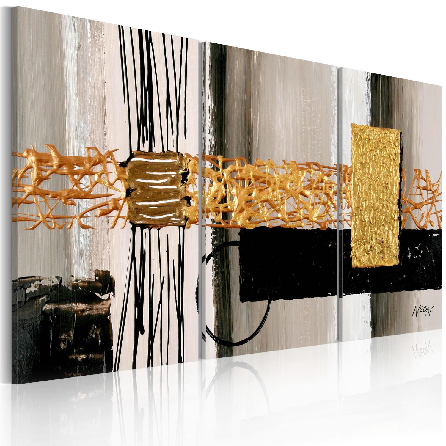 Canvas Abstraction (3-piece) - Golden patterns on a black and white background with fantasy