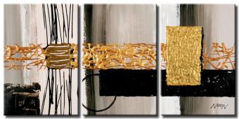 Canvas Abstraction (3-piece) - Golden patterns on a black and white background with fantasy
