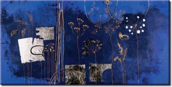 Canvas Plant Abstraction (1-piece) - Golden flowers on a blue background