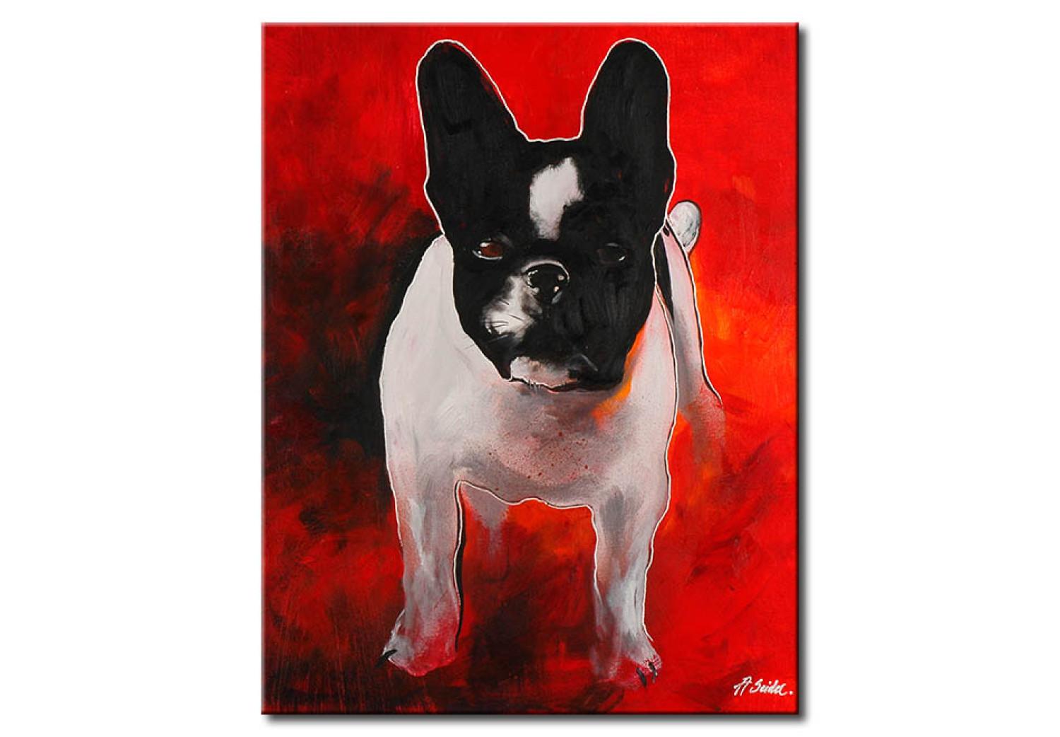 Canvas Dark, sad bulldog - an abstract portrait of a dog on a red background