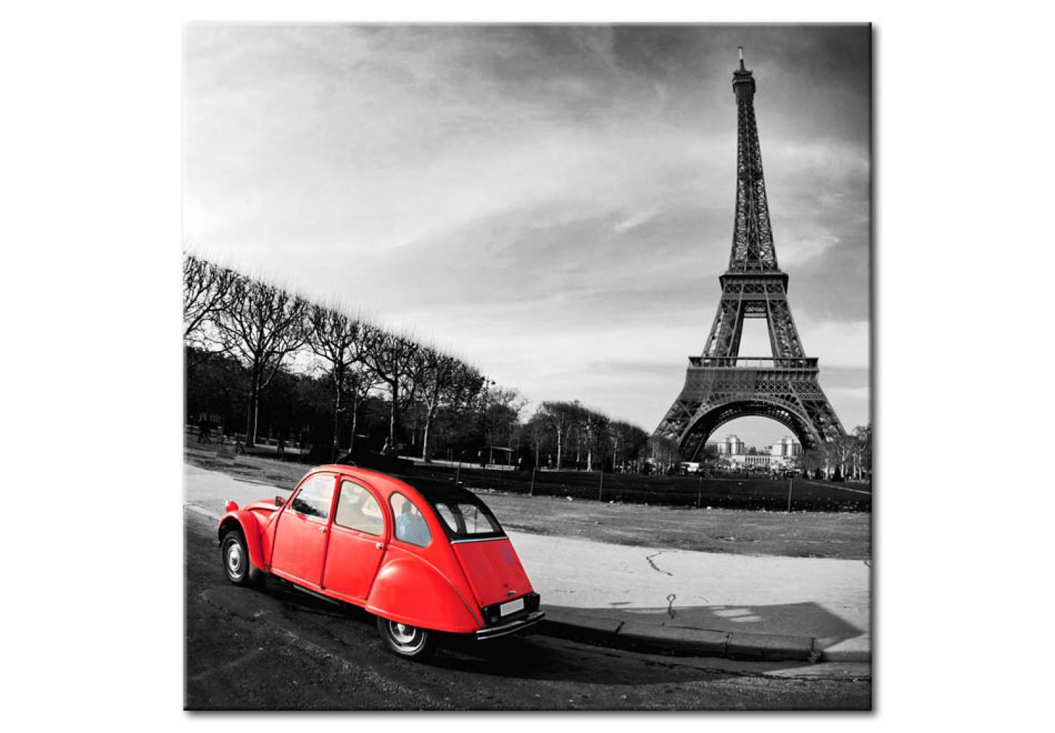 Canvas Red car and the Eiffel Tower