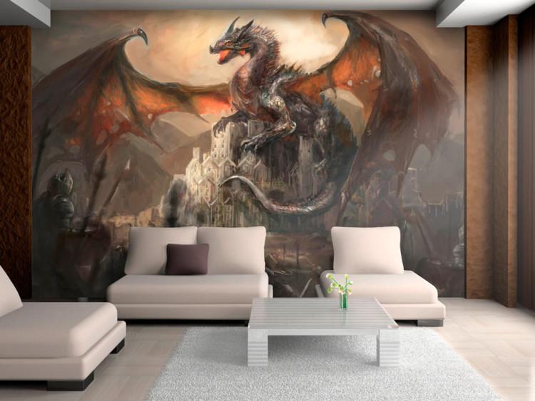 Wall Mural Dragon Castle - children's fantasy with a dragon on a castle and a knight