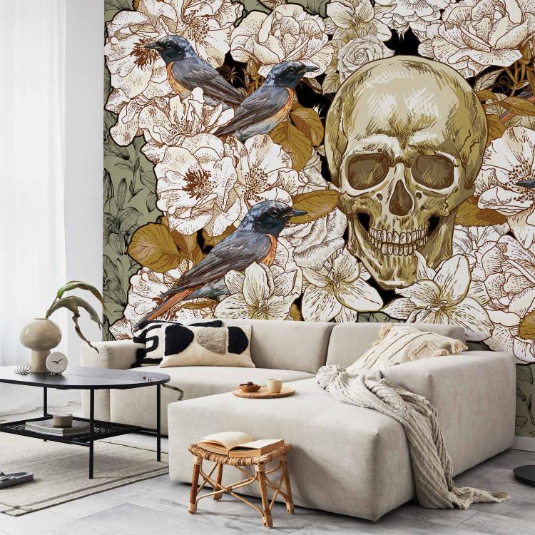Wall Mural Among the Flowers - fantasy motif with birds and a skull on a floral background