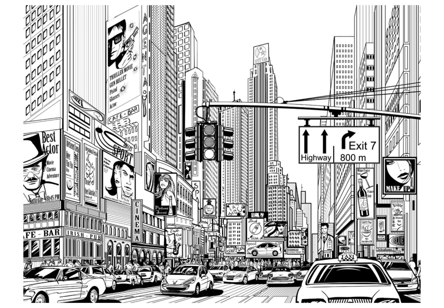 Wall Mural On the Streets of New York City, USA - black and white urban architecture