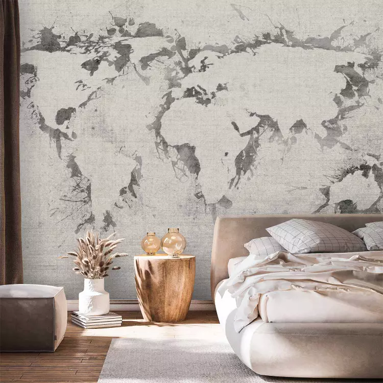 Wall Mural Contours of Continents - World Map with Shadow Silhouette on a Gray Background
