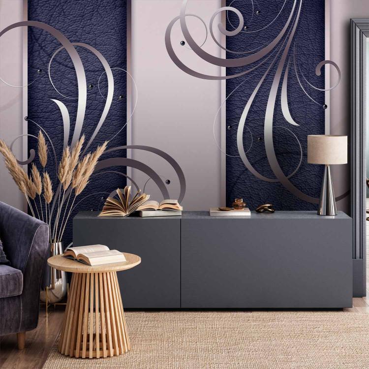 Wall Mural Abstract Duet - Silver Ornamental Pattern with Leather Motif in the Background