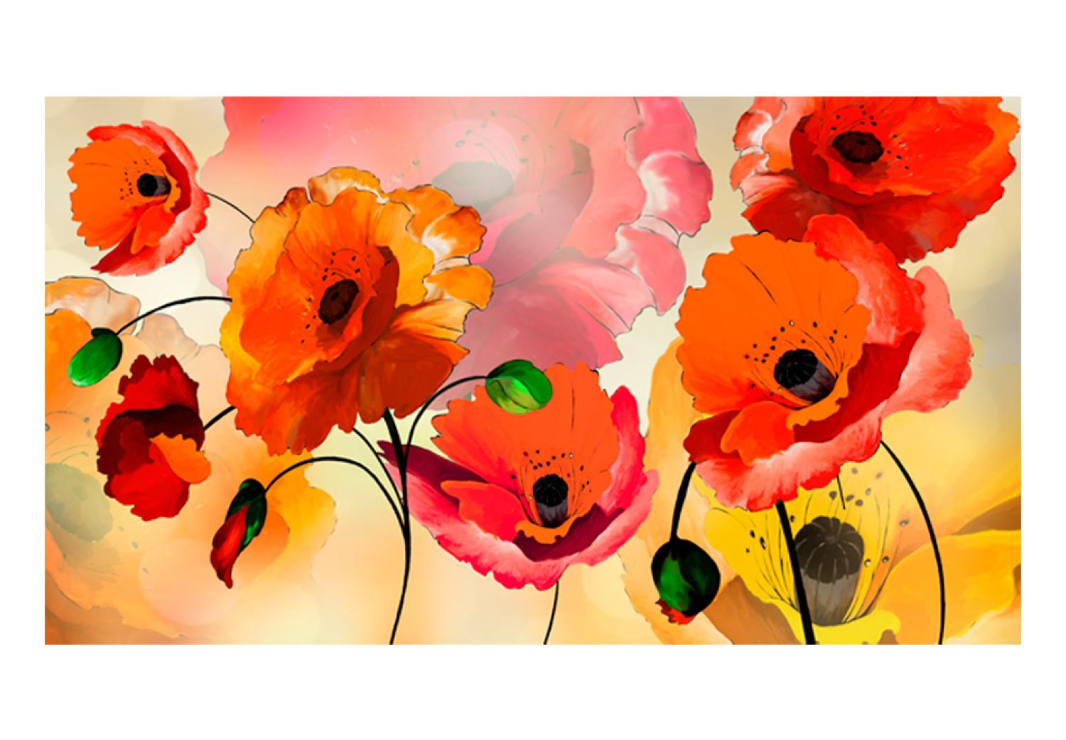 Wall Mural Velvety Poppies - Abstraction of Energetic Flowers on a Bright Background