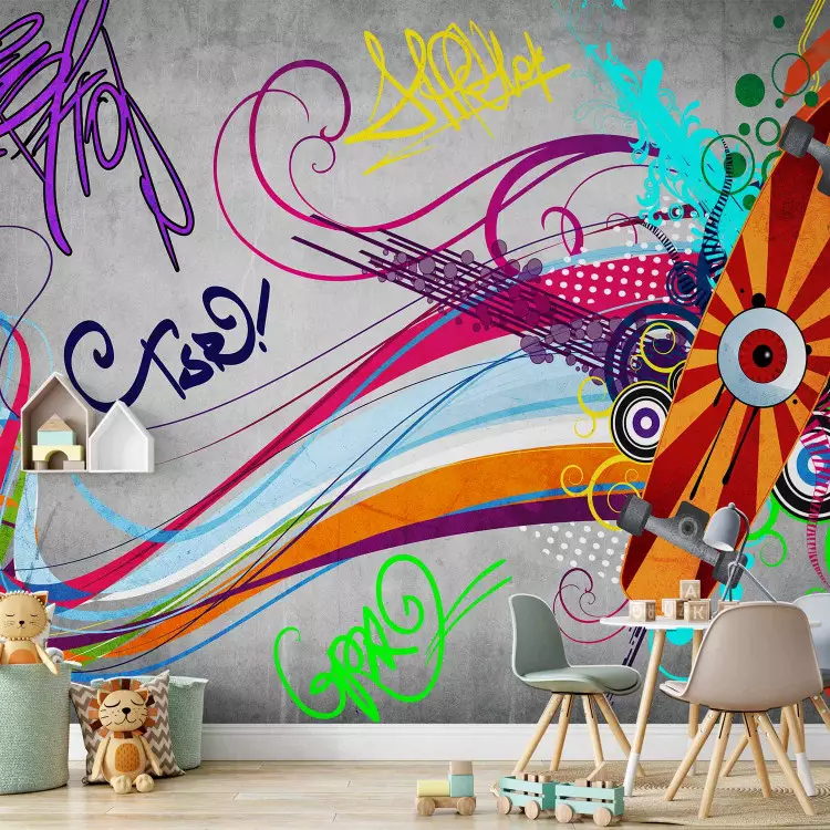 Wall Mural Skateboard - Street Art Mural with Colourful Streak and Patterns on a Gray Background