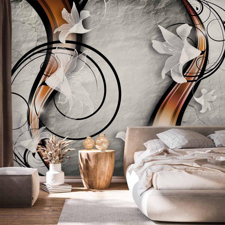 Wall Mural Lily on Stone - Floral Motif on an Imaginary Background with Yellow Stripes