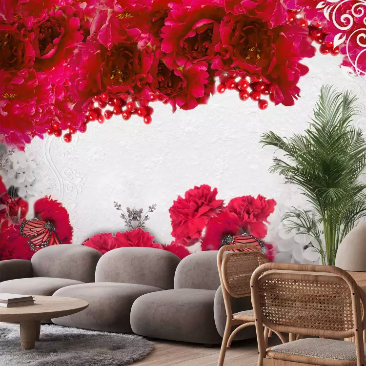 Wall Mural Colors of Spring: Red - Contrasting Abstraction with Flowers and Butterflies