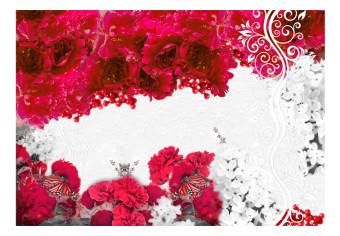 Wall Mural Colors of Spring: Red - Contrasting Abstraction with Flowers and Butterflies