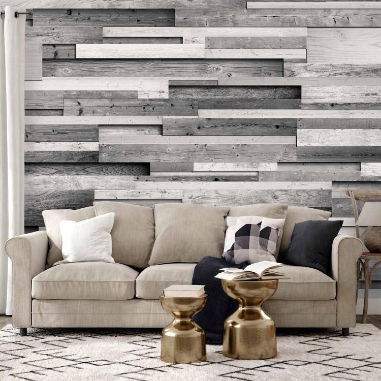 Wall Mural Wooden Texture - Background pattern of gray horizontal wooden planks